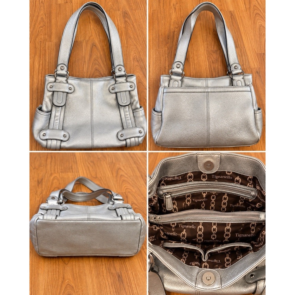 Tignanello Silver Leather Shoulder Bag Metallic Tote Purse Double Handles